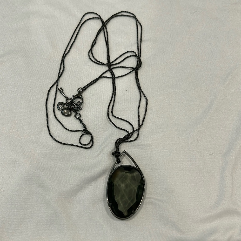 Fossil Black Gunmetal Long Necklace with Dark Faceted Teardrop Pendant